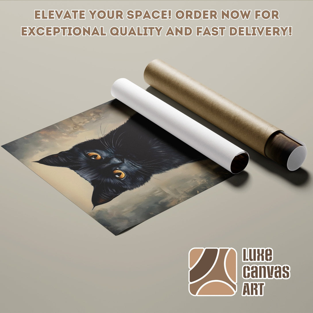 Black cat art poster roll, moody style, neutral color palette. Elevate your space!