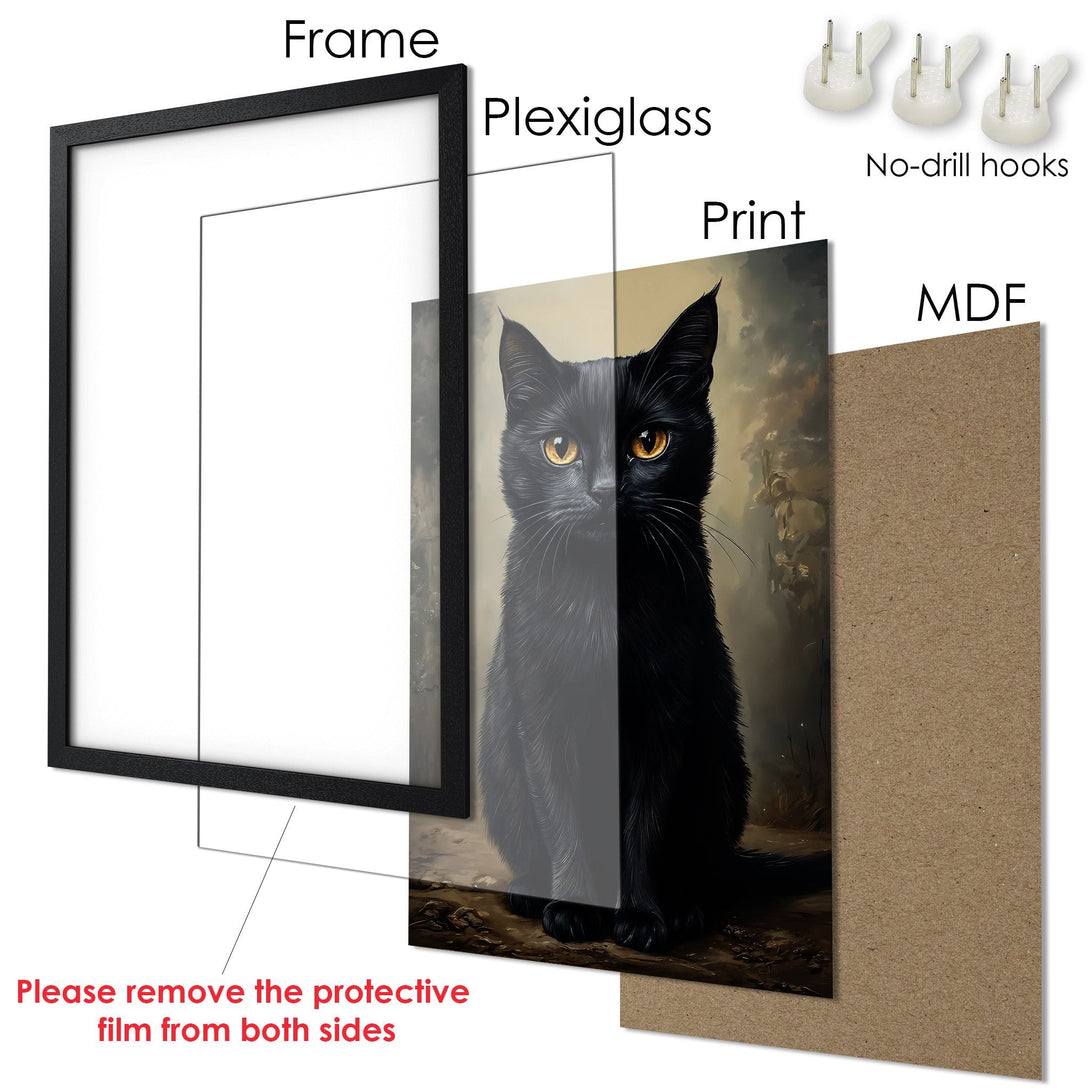 Framed Poster featuring a black cat with golden eyes. Artistic style with a dark, moody color palette. Perfect wall art!