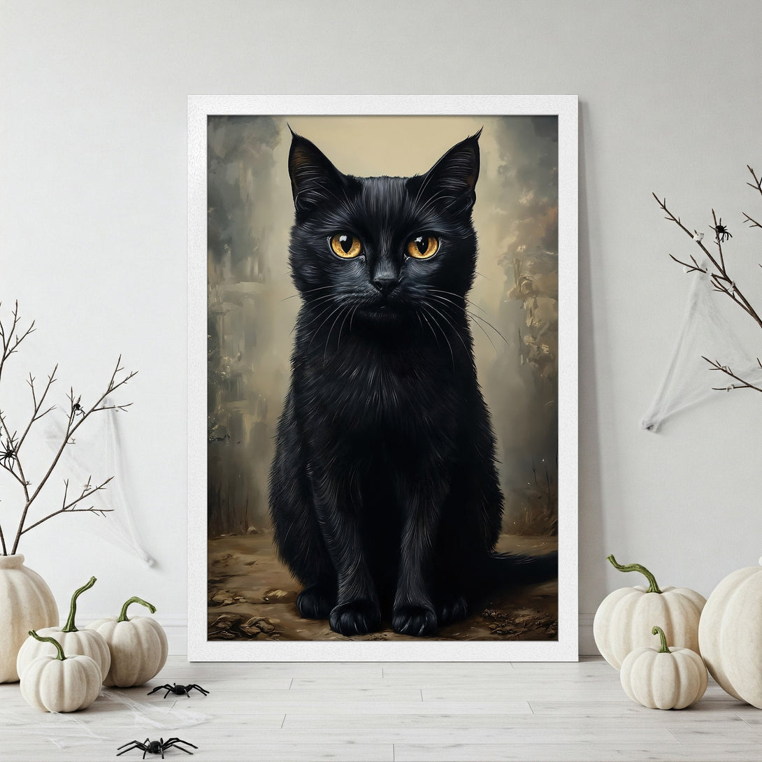 Framed Poster featuring a black cat with yellow eyes, artistic style, neutral & black color palette. Perfect Halloween decor!