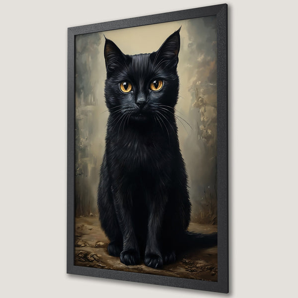 Framed Poster featuring a majestic black cat with striking yellow eyes, painted in a detailed, artistic style with a warm, earthy color palette.