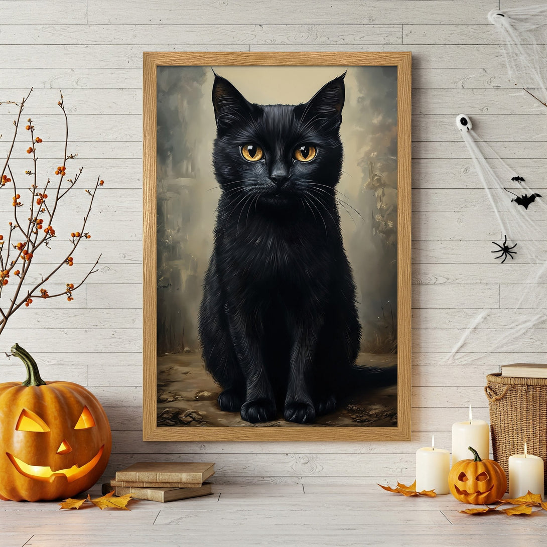 Framed Poster: Black cat art print in a warm, neutral color palette. Perfect Halloween decor!