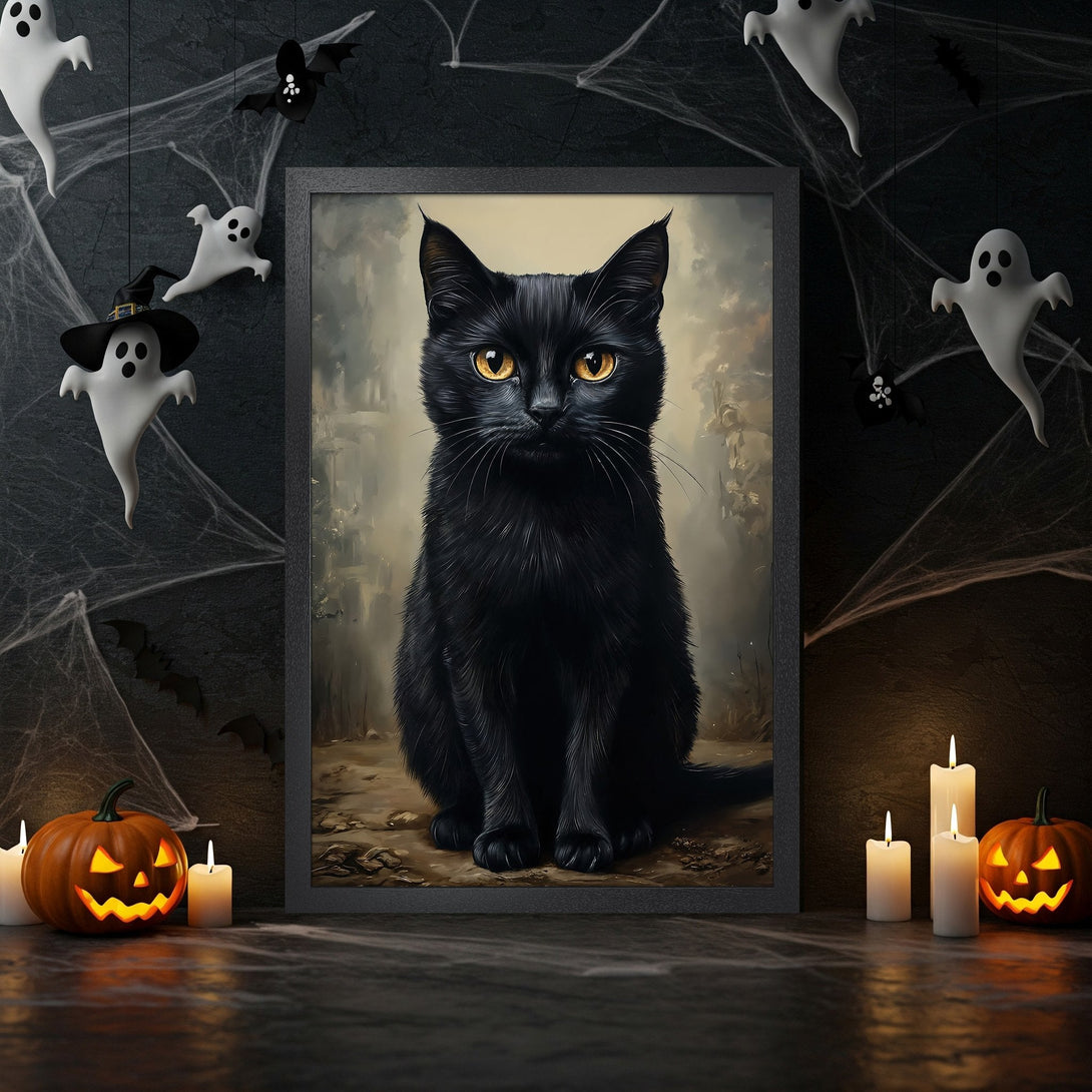 Framed Poster featuring a black cat with yellow eyes. Halloween-themed art in a dark, moody color palette.