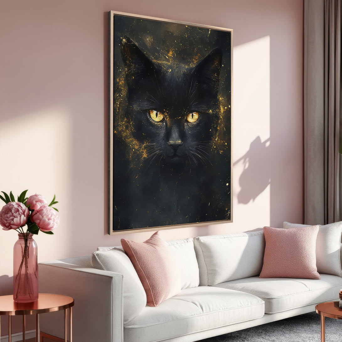 Framed Wall Art featuring a striking black cat with golden accents. Modern art in a dark, moody style, complementing a pink and gold interior.