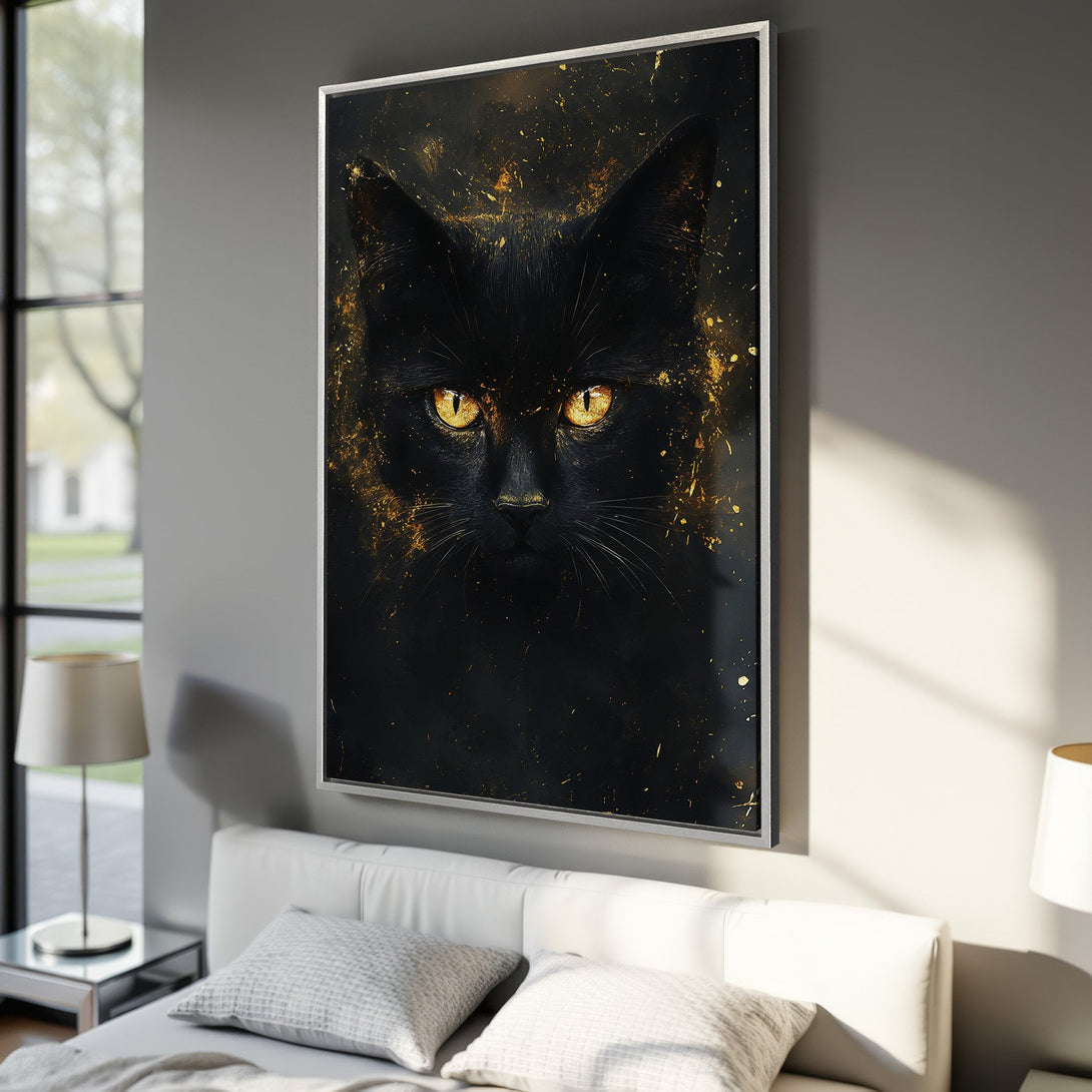 Framed Wall Art: Black cat portrait with gold accents. Modern art piece with a dark, moody aesthetic. Perfect for adding style to your home decor.