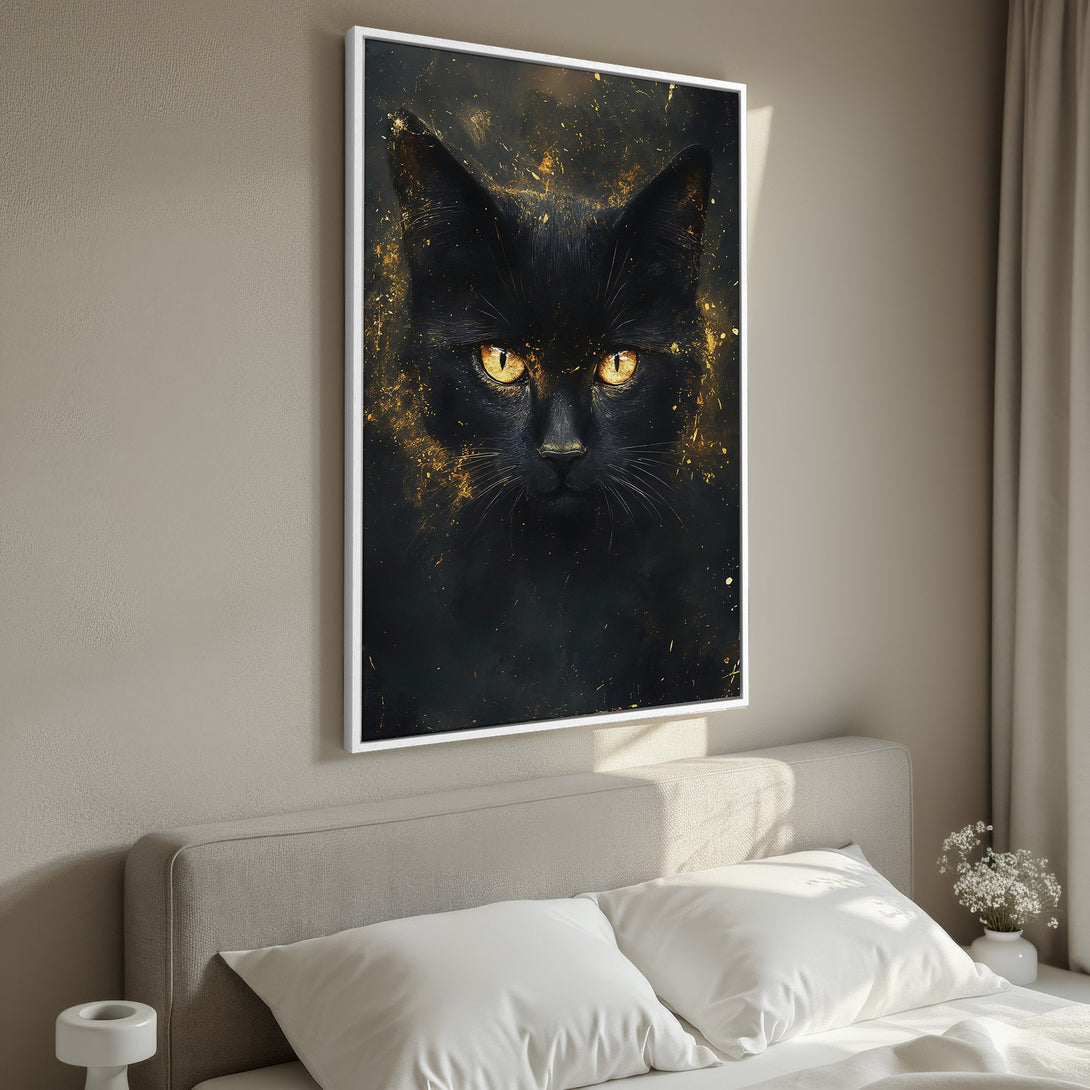 Framed Wall Art featuring a majestic black cat with golden eyes and accents. Modern, artistic style, perfect for adding a touch of mystery to any room.
