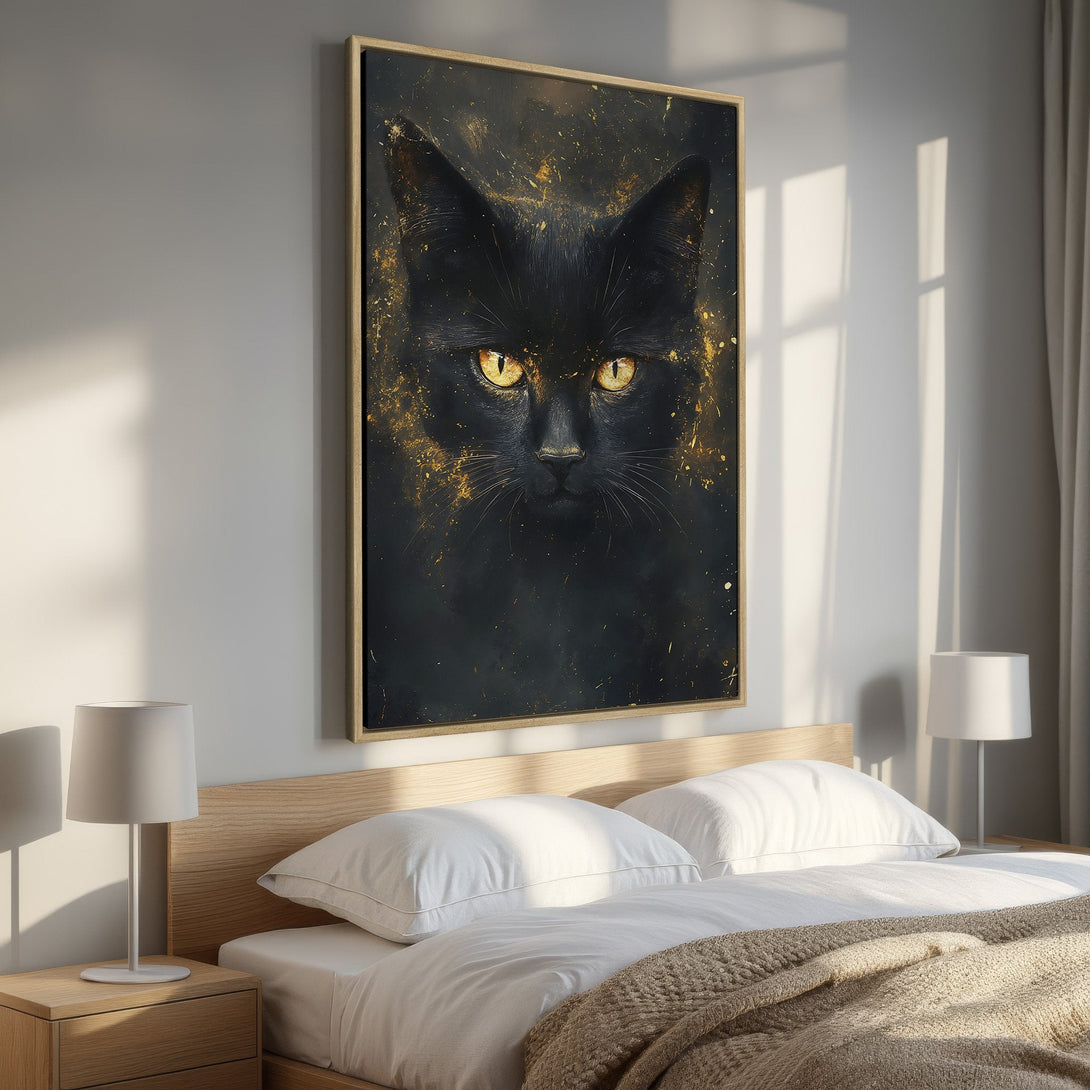 Framed Wall Art featuring a striking black cat portrait with gold accents. Dramatic, modern art in a bedroom setting. Black, gold, and neutral color palette.
