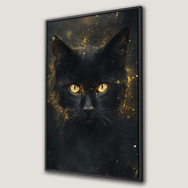 Framed Wall Art: Stunning black cat portrait with gold accents. Modern, artistic canvas print in a dramatic black and gold color palette. Perfect wall decor!
