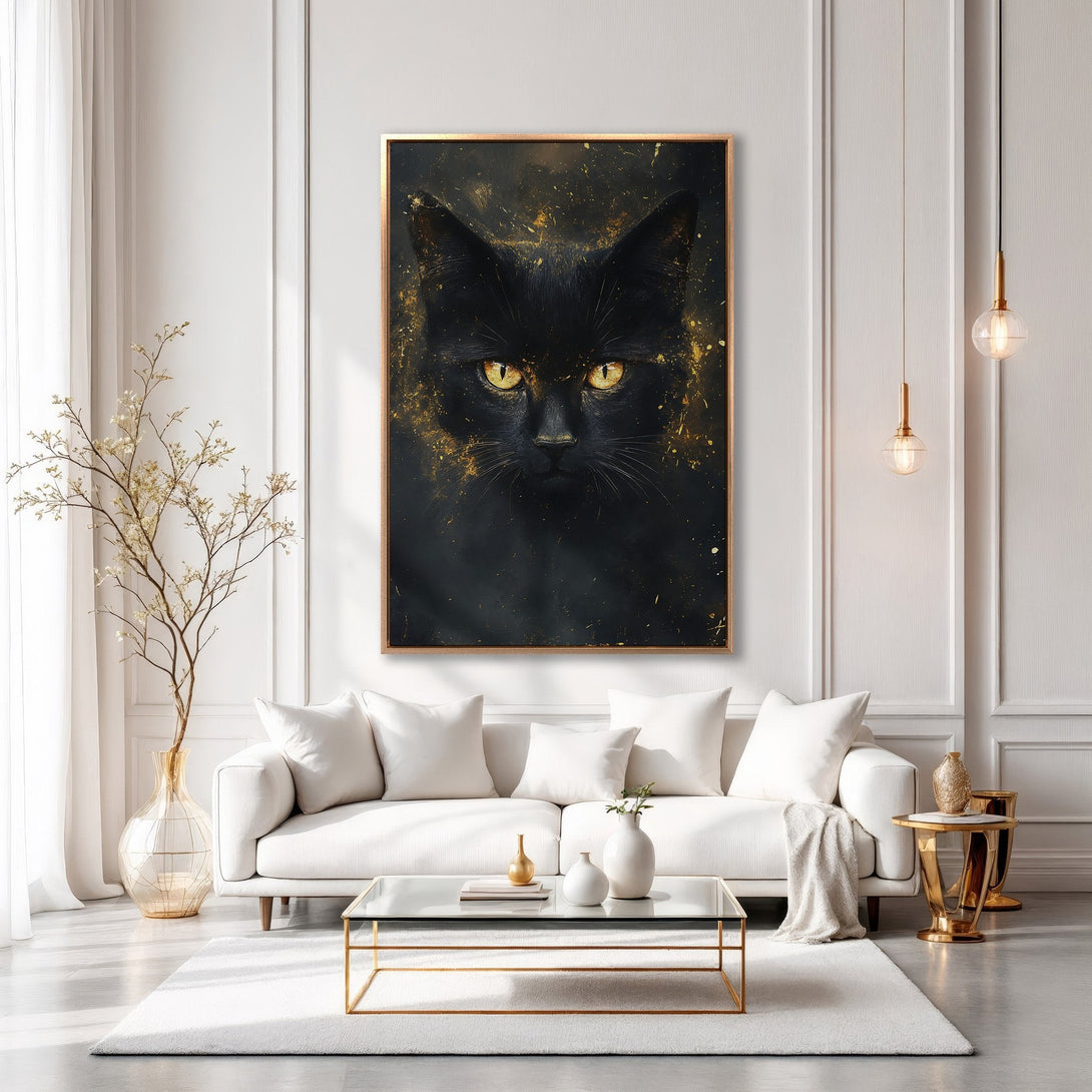 Framed Wall Art featuring a striking black cat with gold accents. Modern, elegant decor in a sophisticated black and gold color palette. Perfect for any interior.