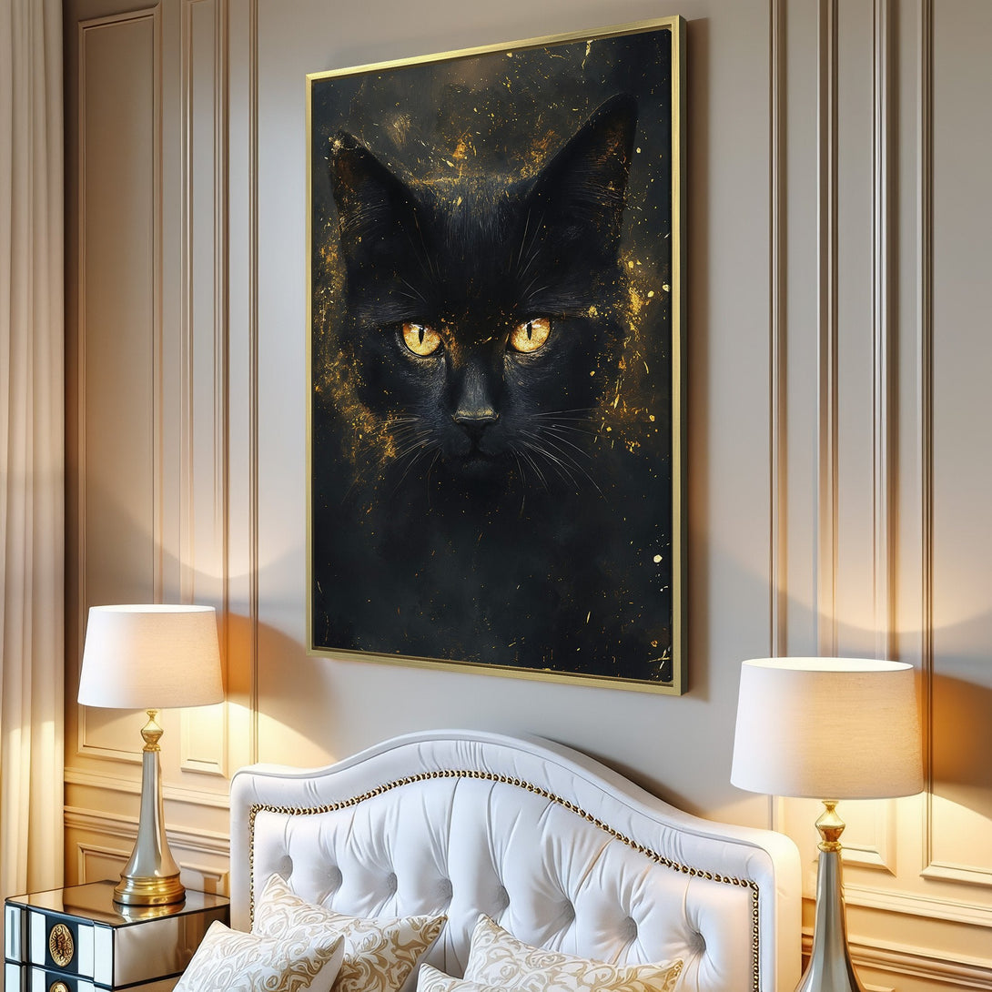 Canvas Print featuring a striking black cat portrait with gold accents. Modern art in a dramatic black and gold color palette, perfect for any room.