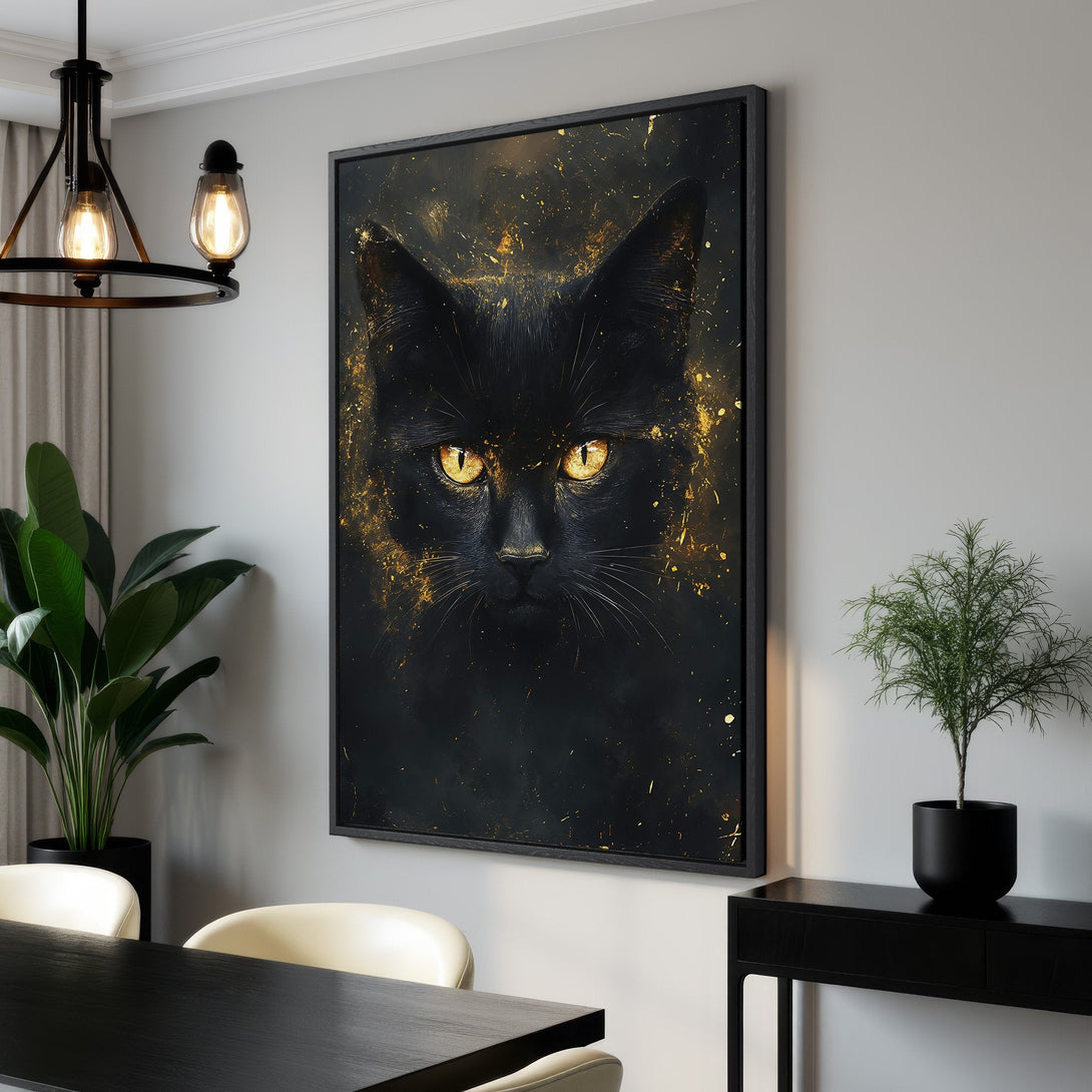 Framed Wall Art: Stunning black cat portrait with gold accents. Modern, artistic Canvas Print in a sophisticated black and gold color palette. Elevate your space!