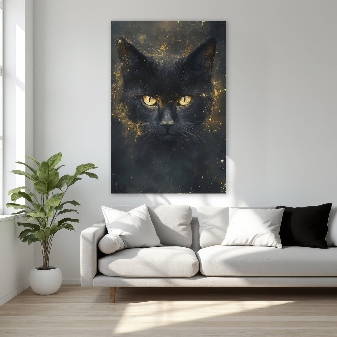 Framed Wall Art featuring a striking black cat with gold accents. Dramatic, modern style in a black and gold color palette. Perfect for adding a touch of luxury.