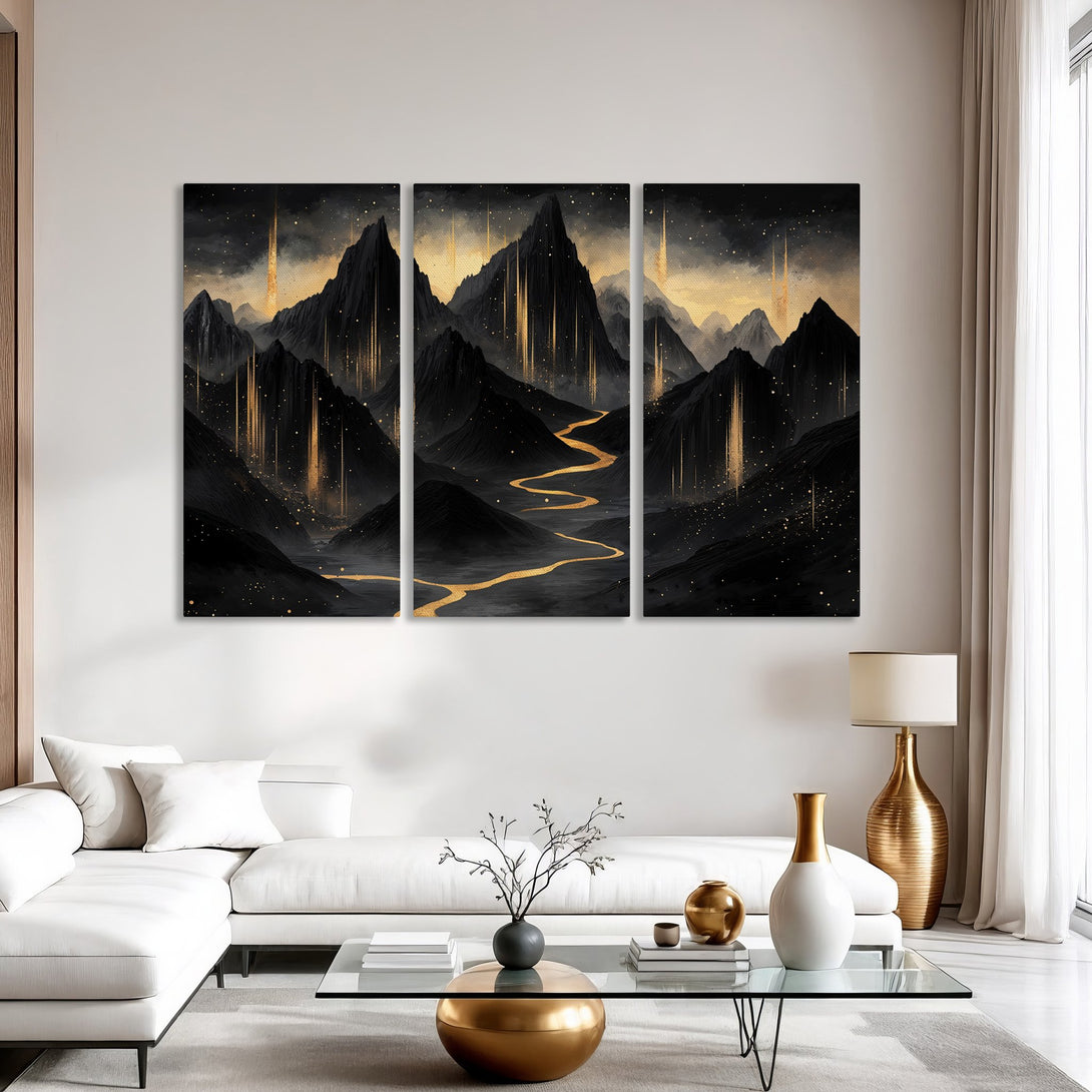Canvas Print of a mountain landscape in black and gold. Modern art style, perfect for home decor.