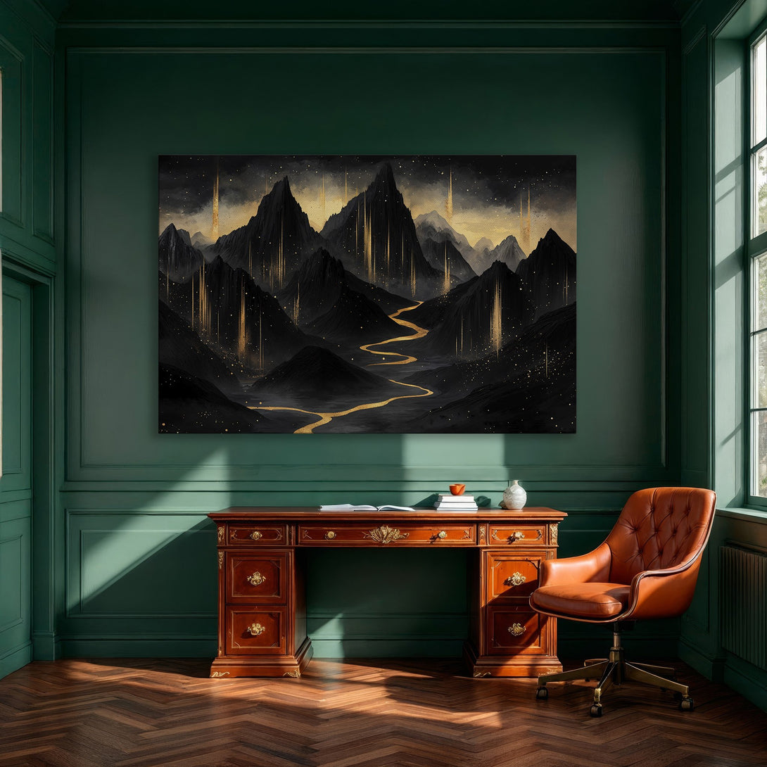 Framed Wall Art: Abstract mountain landscape in black & gold. Modern art Canvas Print adds elegance to dining room decor.