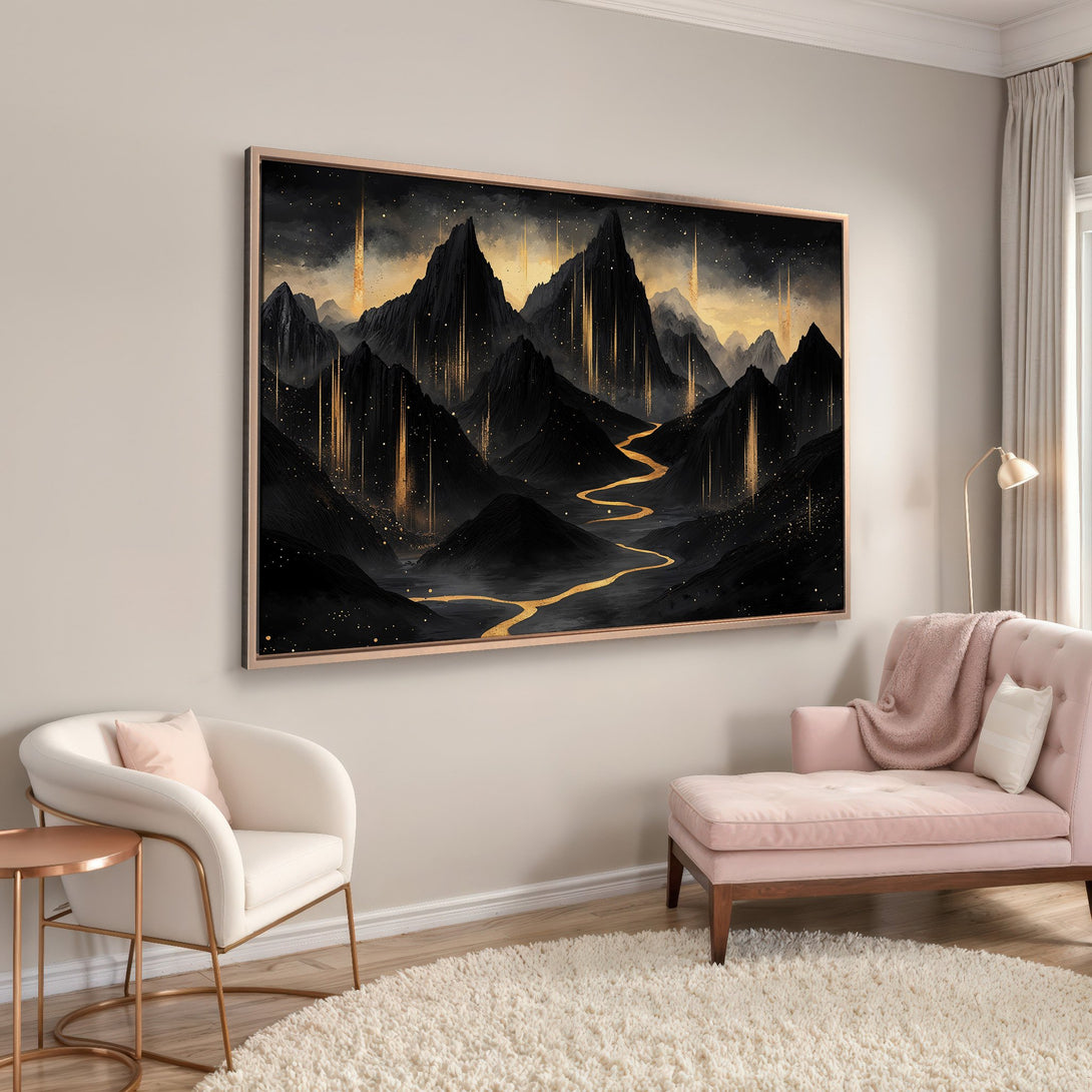 Framed Wall Art: Abstract mountain landscape Canvas Print in black & gold. Modern art for home decor. Adds a touch of elegance to any room.