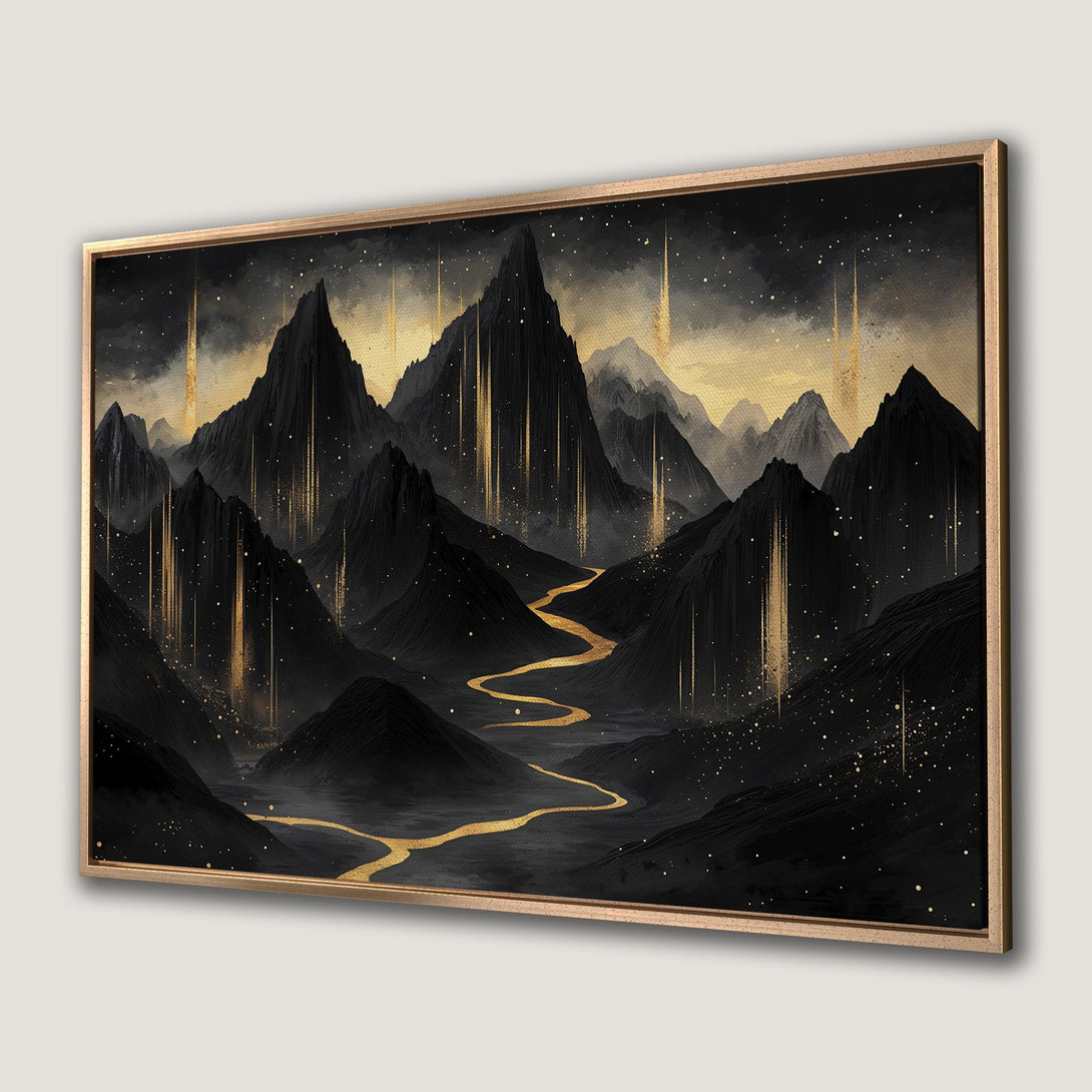 Framed Wall Art: Abstract mountain landscape in black and gold. Modern canvas print with a dramatic, artistic style. Perfect for any space.