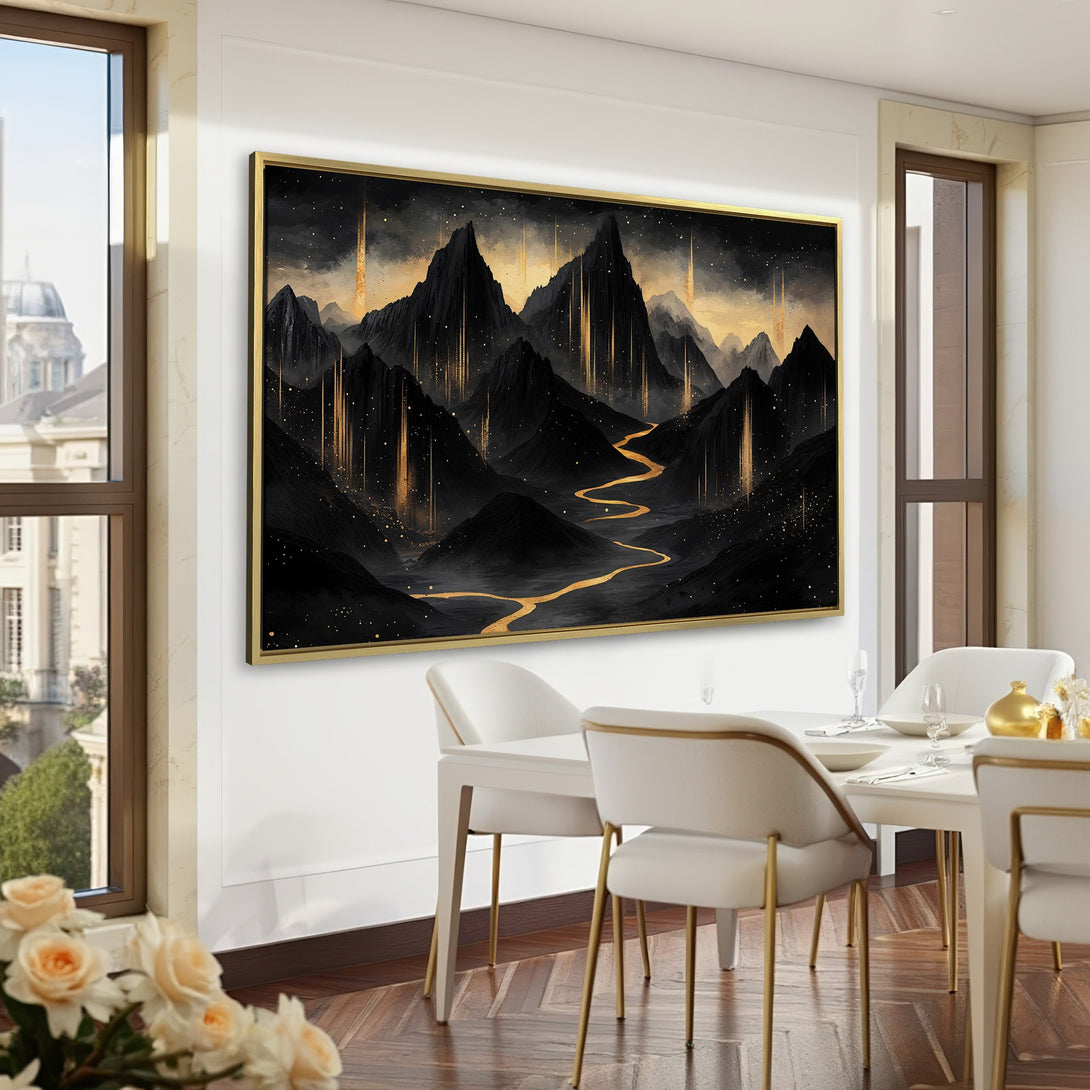 Canvas Print of a dramatic mountain landscape in black and gold, perfect for adding a touch of luxury to your space.