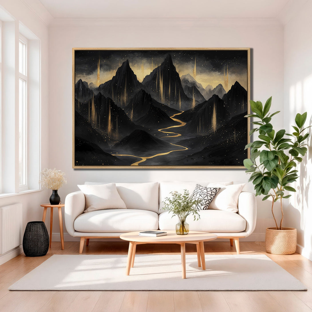Framed Wall Art featuring a dramatic mountain landscape in black and gold. Modern art print with a luxurious, sophisticated color palette. Elevate your home decor!
