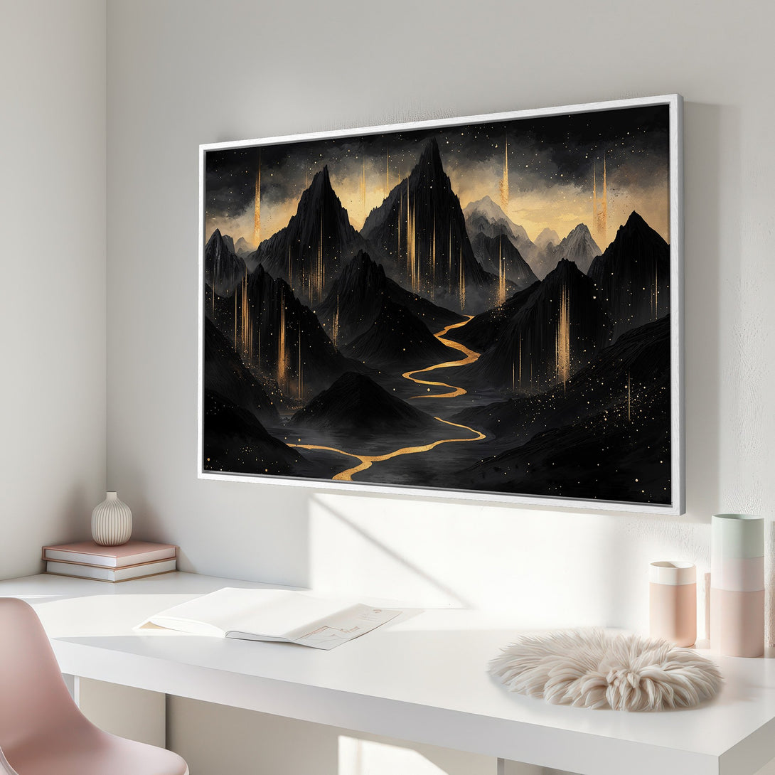 Framed Wall Art: Black mountain landscape Canvas Print with gold accents. Modern art with a dramatic, moody aesthetic. Perfect for home decor.