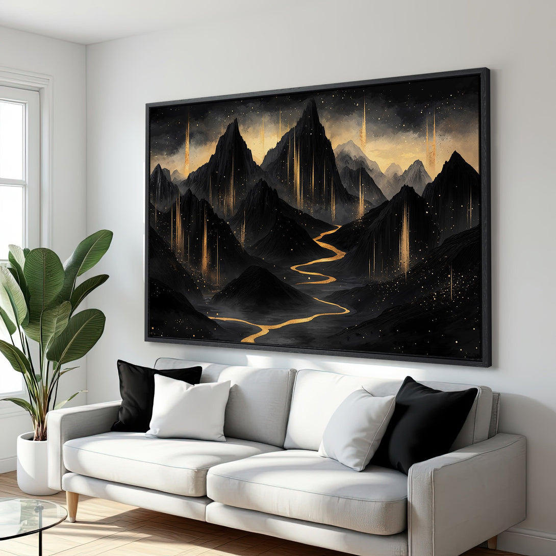 Framed Wall Art: Dramatic black & gold mountain landscape canvas print. Modern art with a touch of celestial wonder. Perfect for living room decor.