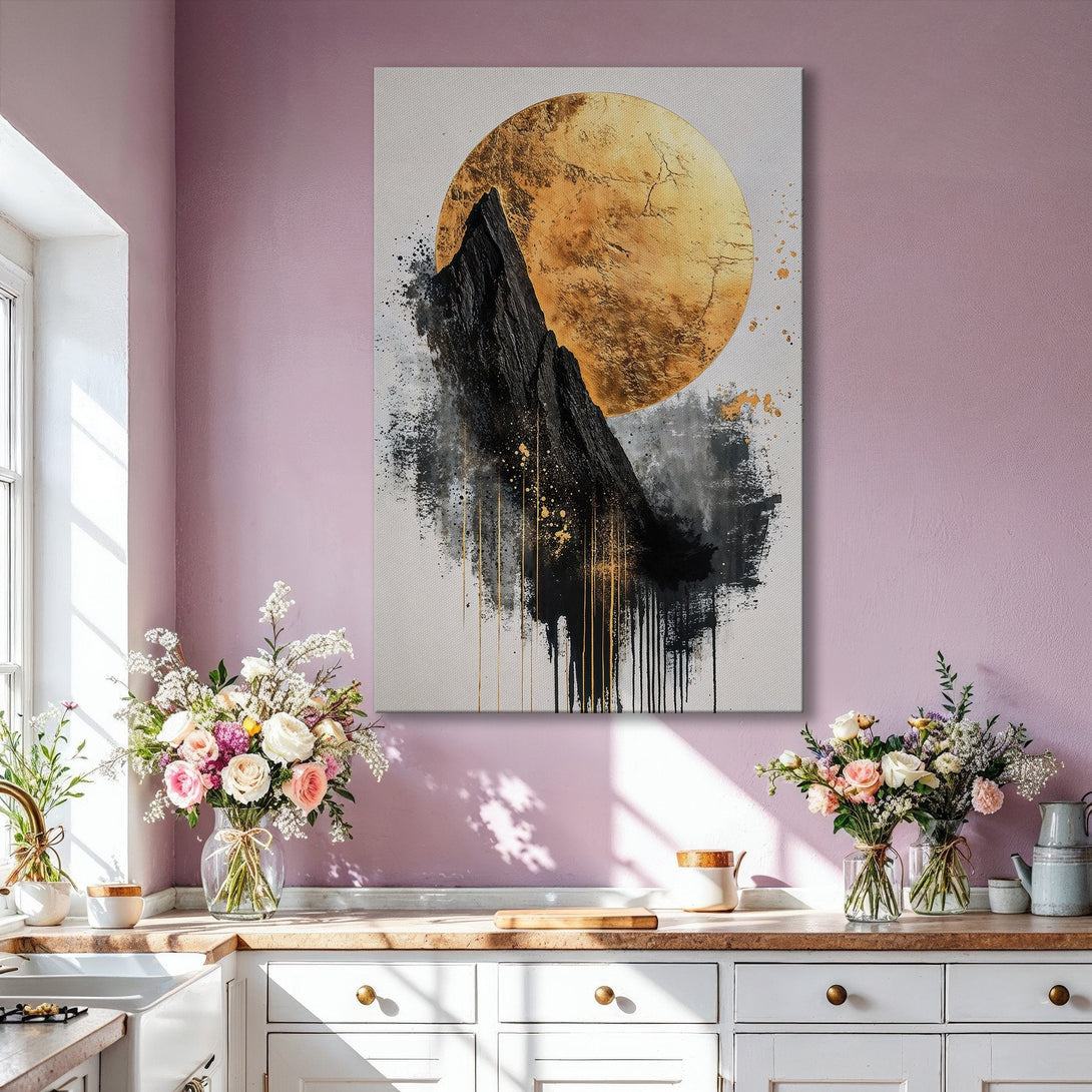 Framed Wall Art featuring an abstract mountain landscape with a gold and black color palette. Modern art for a stylish living room.