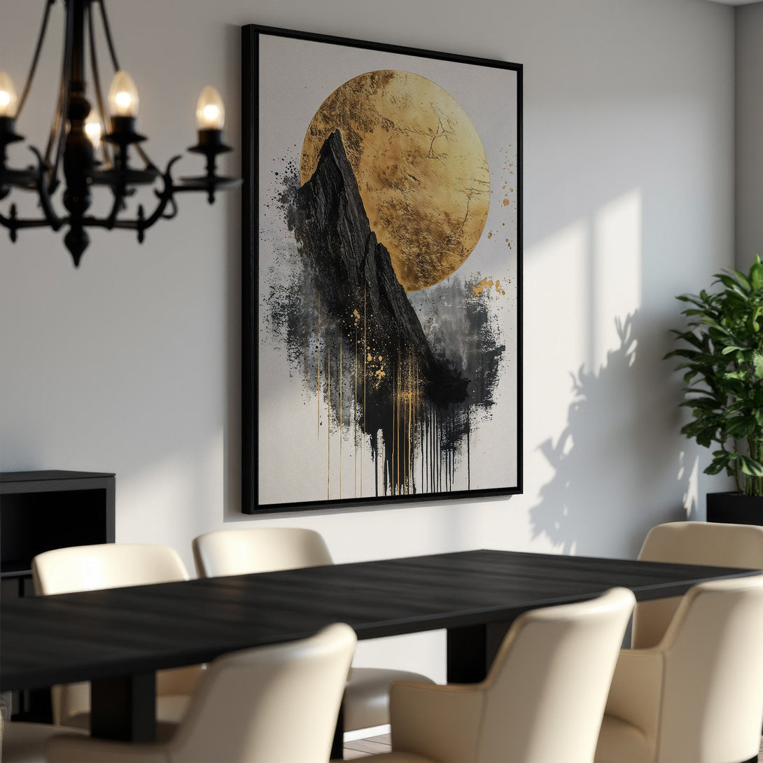 Framed Wall Art: Abstract mountain art with a gold and black color palette. Modern canvas print for dining room decor.