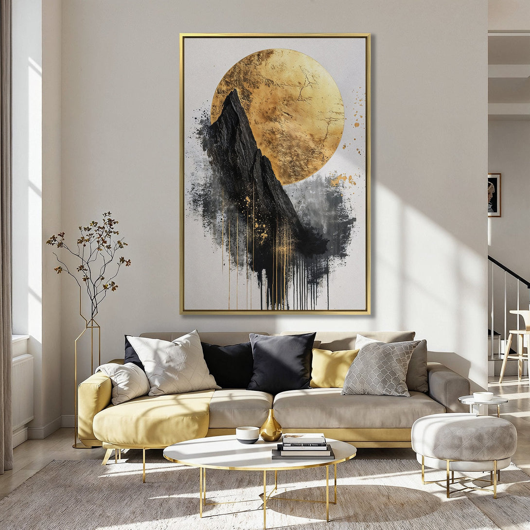 Abstract Canvas Print featuring a black mountain and gold sunburst. Modern art in a neutral, gold, and black color palette. Perfect wall decor.