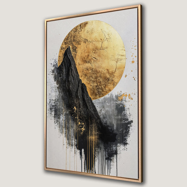 Framed Wall Art featuring abstract mountain landscape with gold sun. Modern style with black, gold, and gray color palette. Perfect for home decor.