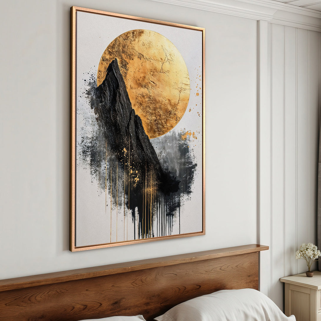 Framed Wall Art featuring an abstract mountain scene with gold, black, and gray tones. Modern art Canvas Print to elevate your home decor.