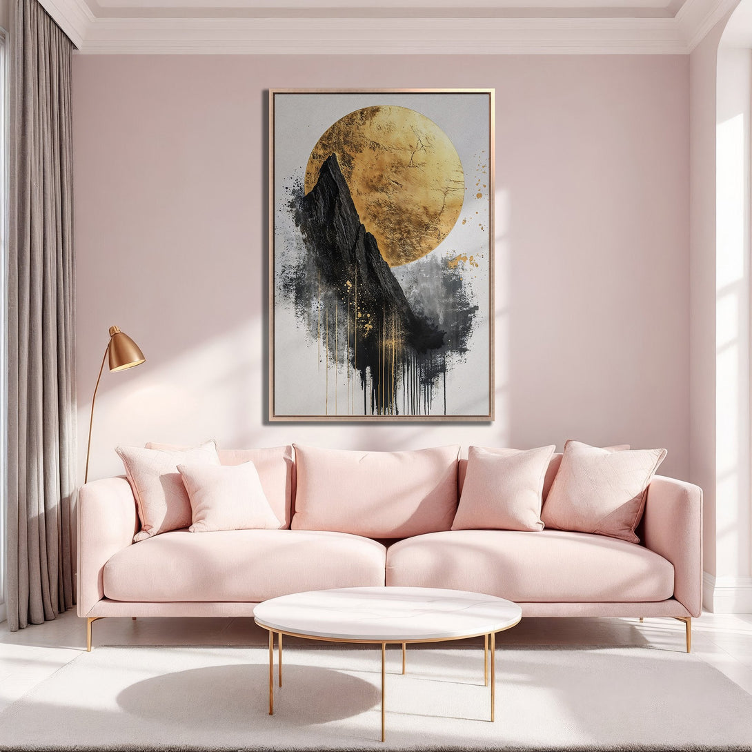 Framed Wall Art: Abstract mountain landscape in gold, black, and white. Modern art canvas print adds elegance to any living room. Shop now!