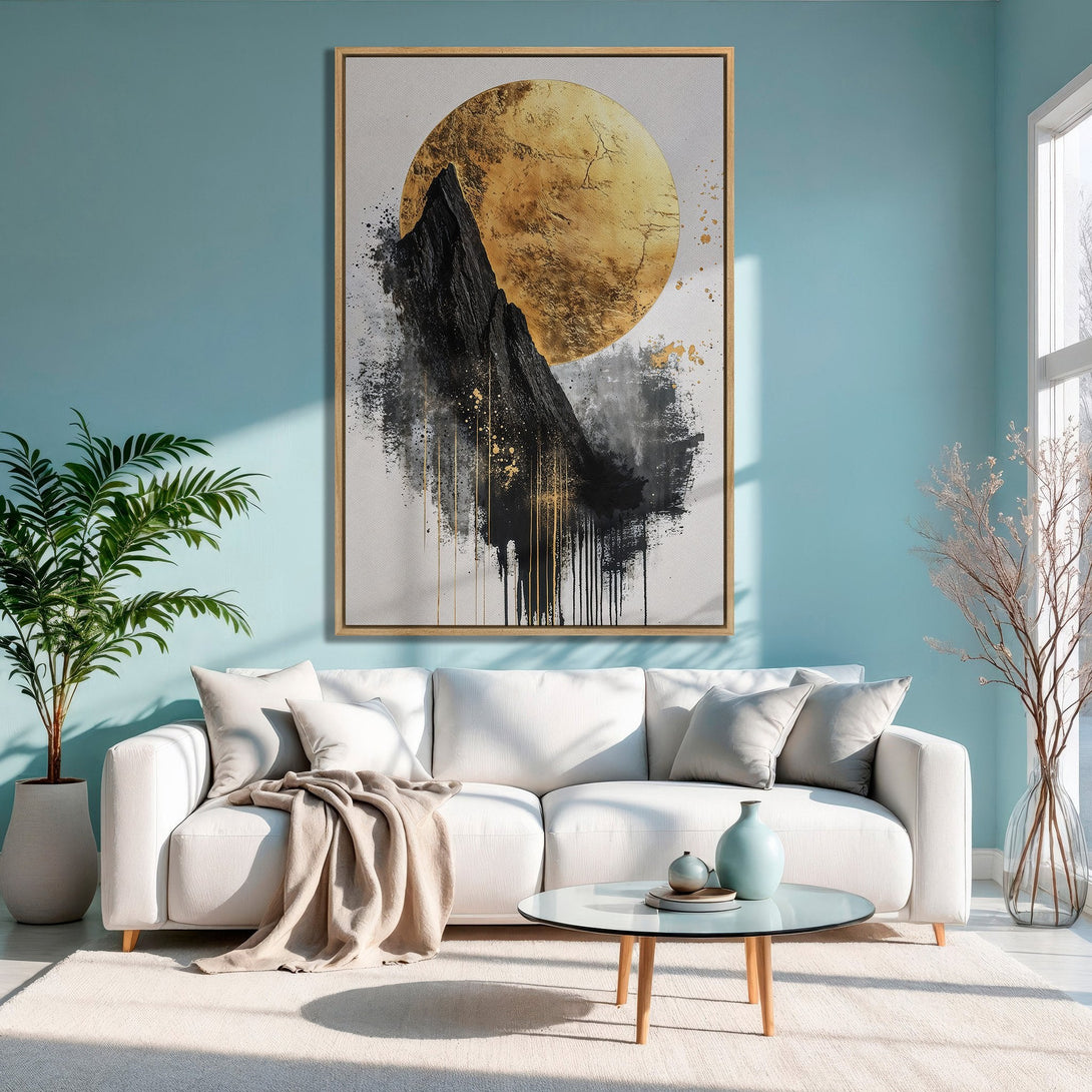 Framed Wall Art: Abstract mountain art in gold, black & white. Modern Canvas Print adds a touch of elegance to any living room. Shop now!
