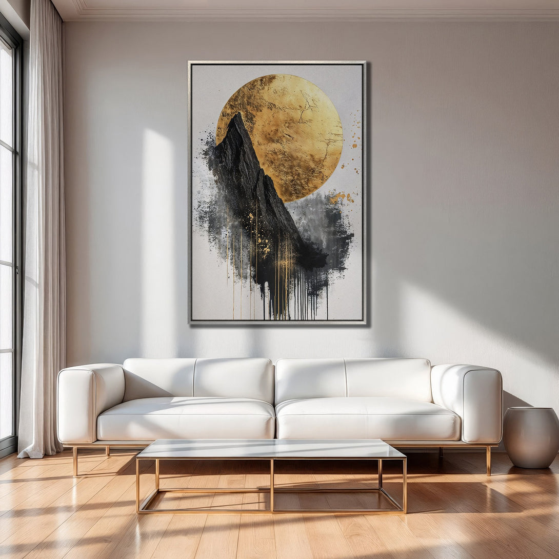 Framed Wall Art: Abstract mountain art with gold and black accents. Modern canvas print in a neutral interior, perfect for living room decor.