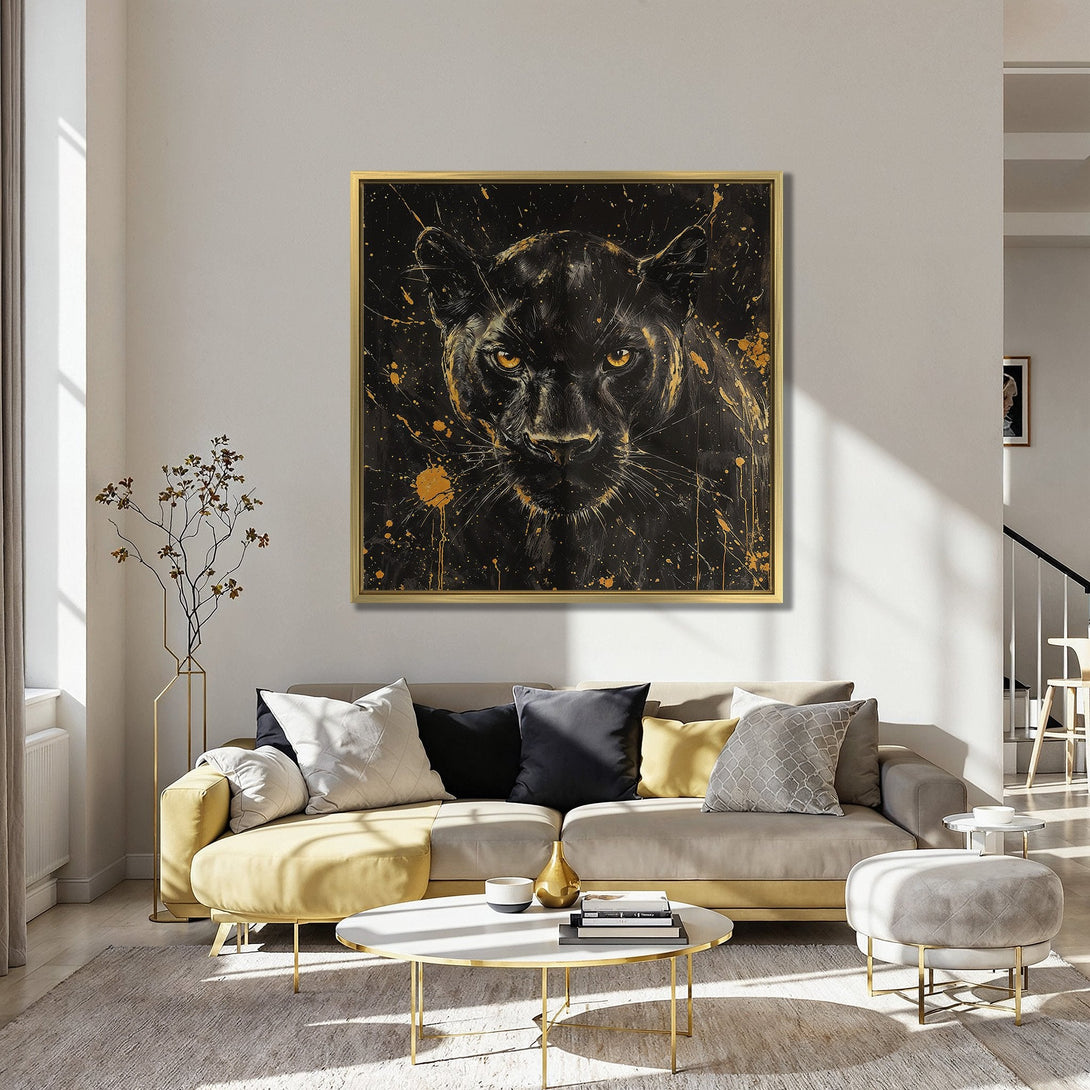 Canvas Print of a black panther with gold accents. Modern, abstract style with a dark, moody color palette. Perfect wall art for your home.