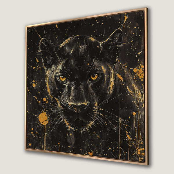 Framed Wall Art: Black panther portrait with gold accents on a black background. Modern, abstract style. Perfect for a bold statement.