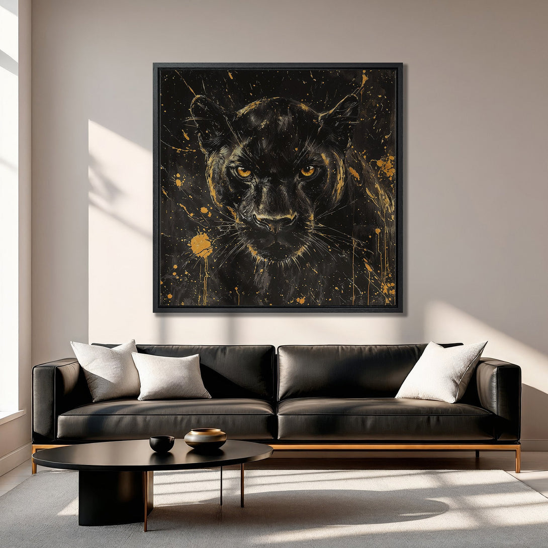Framed Wall Art: Black panther portrait with gold accents. Modern canvas print in a living room setting. Dramatic black & gold color palette.