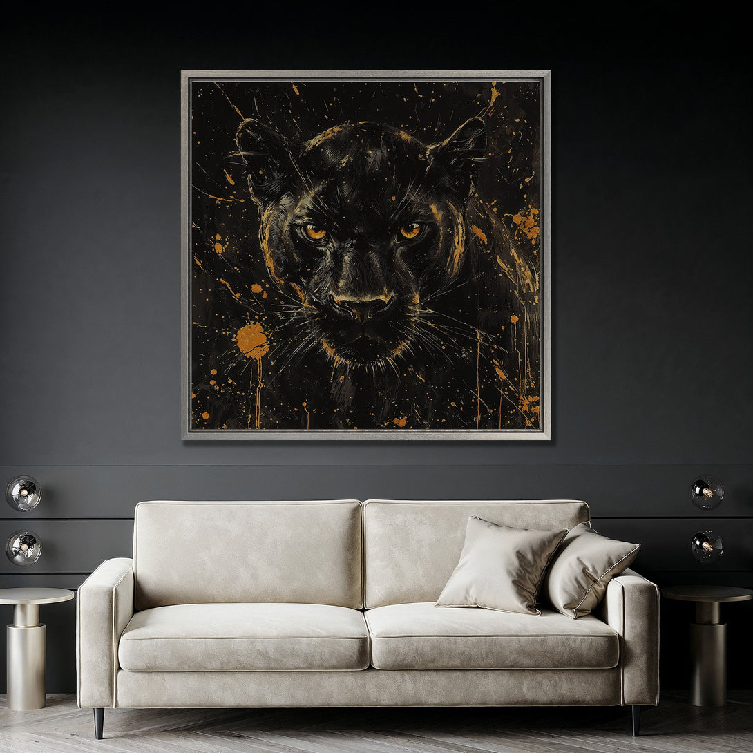Framed Wall Art: Fierce black panther portrait with gold accents on a black background. Modern canvas print in a dark, moody interior. Shop now!
