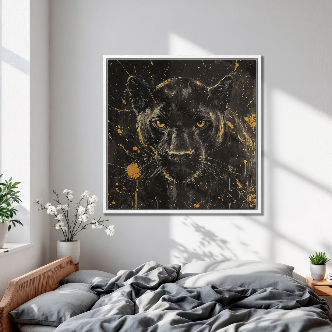 Framed Wall Art: Black panther portrait with gold accents. Modern art style, dramatic black and gold color palette. Perfect for bedroom decor.