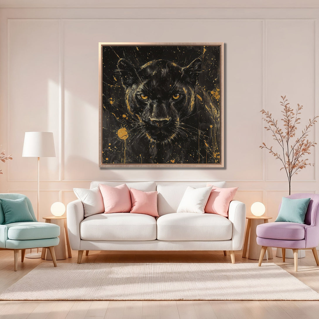 Framed Wall Art: Black panther portrait with gold accents. Modern abstract style. Dramatic wall decor in a neutral interior with blush and pastel accents.