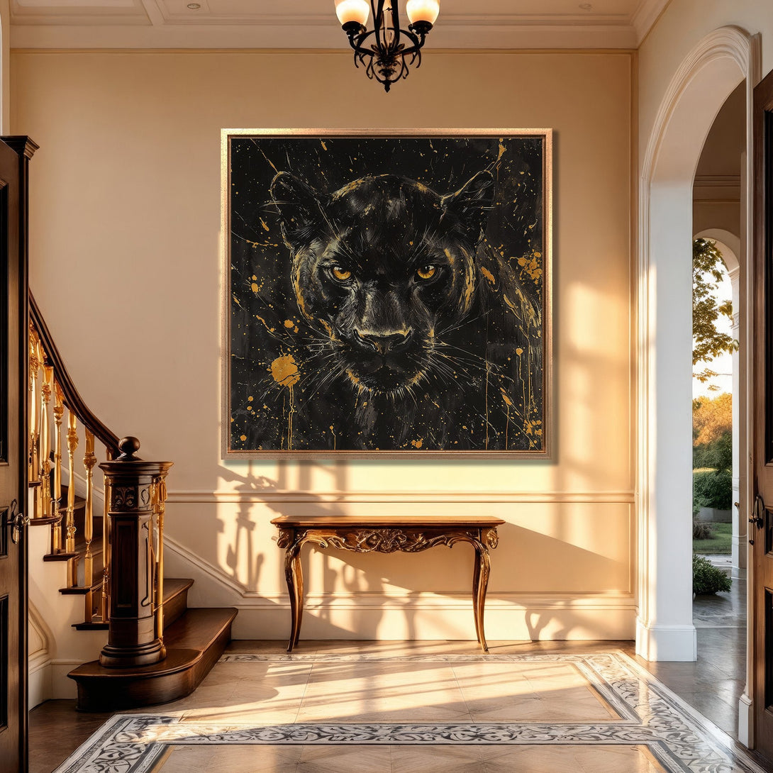 Framed Wall Art: Black panther portrait with gold accents, displayed in a luxurious interior. Modern, abstract style with a black and gold color palette.