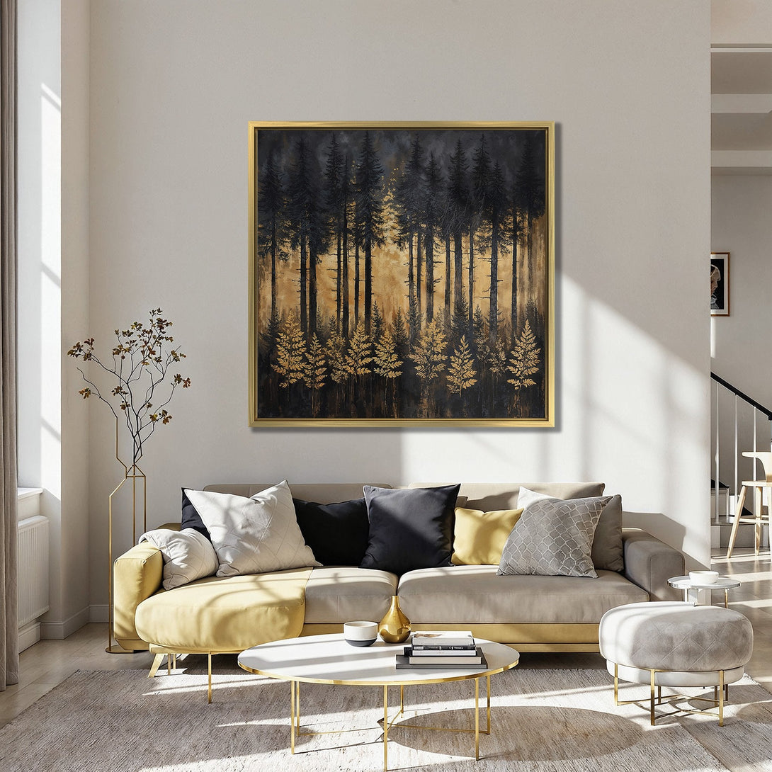 Canvas Print of a forest scene in gold and black, adding a touch of nature-inspired elegance to any interior. Modern wall art.