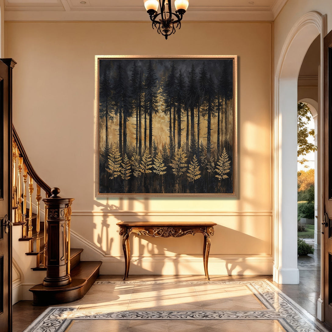 Framed Wall Art: Forest scene in black & gold, displayed in a luxurious interior. Enhance your space with this elegant canvas print, perfect for any room.