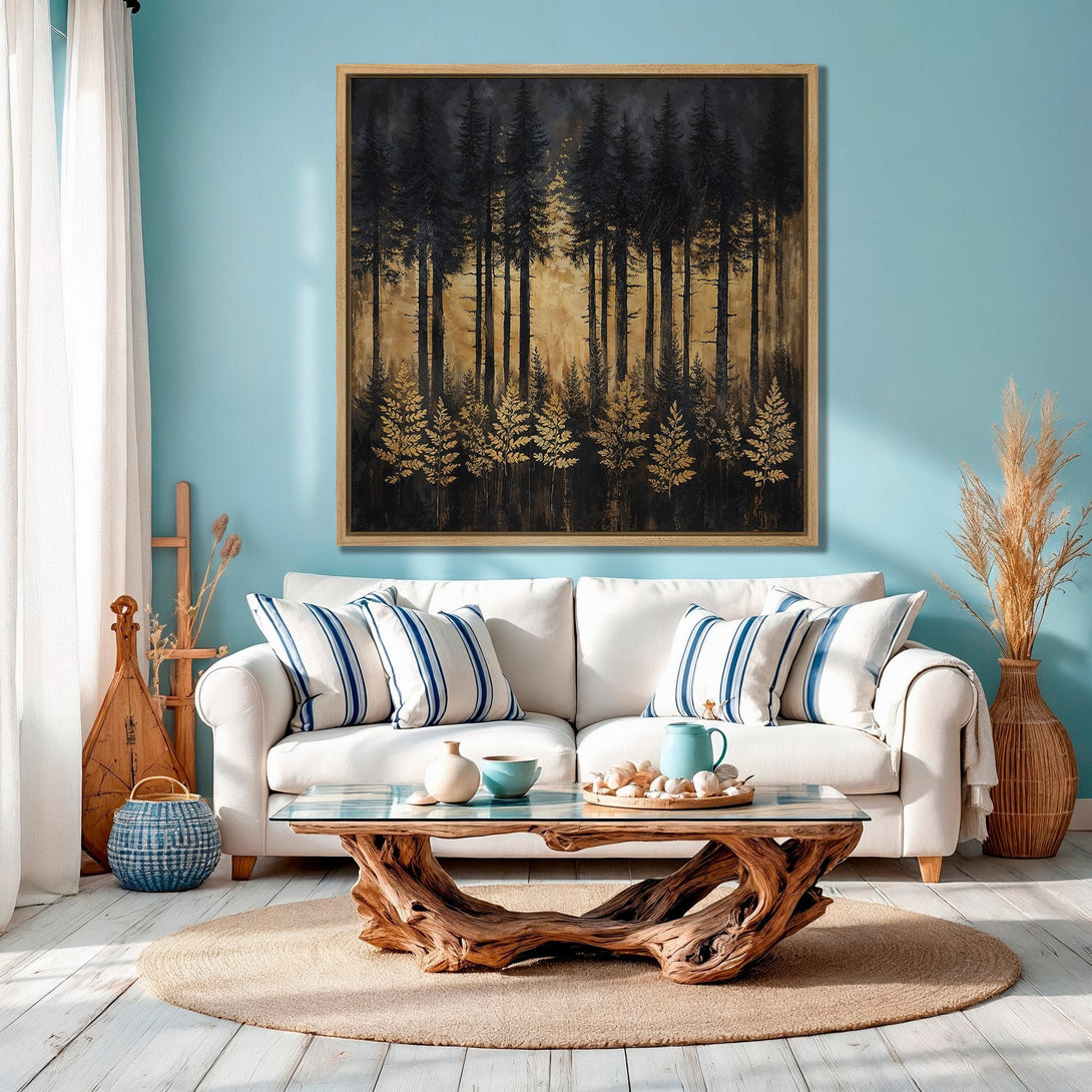 Framed Wall Art: Abstract forest scene in black and gold. Modern Canvas Print adds a touch of nature to any interior with a warm, inviting color palette.