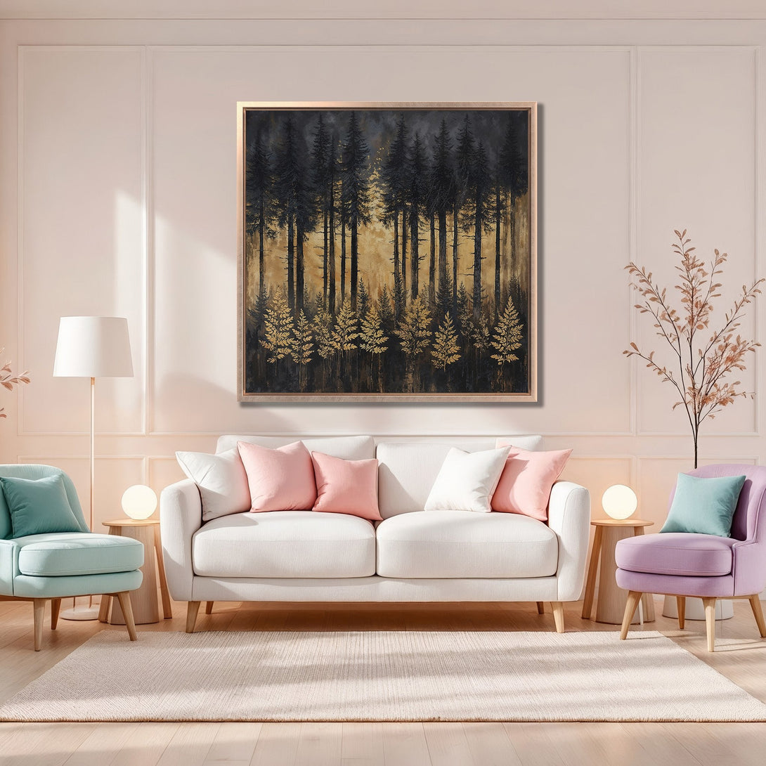 Framed Wall Art: Forest landscape Canvas Print in gold and black, modern style. Perfect for living room decor, adds warmth with a neutral color palette.