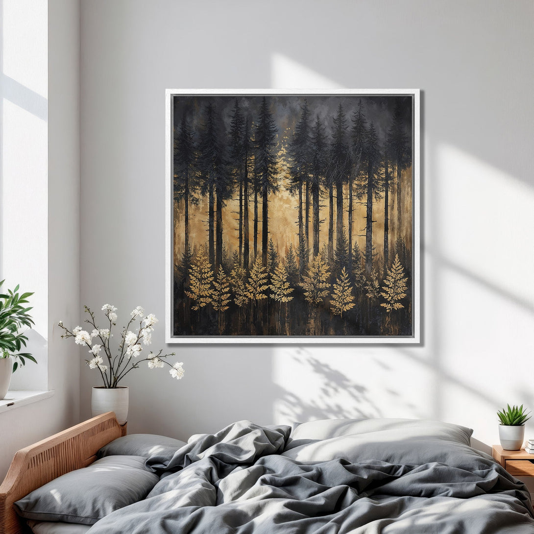 Framed Wall Art: Abstract forest scene in black and gold. Modern canvas print adds a touch of nature-inspired elegance to any bedroom decor.