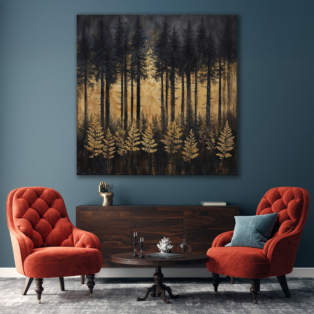 Framed Wall Art of a forest scene in gold and black, adding a touch of elegance. Perfect for modern home decor.