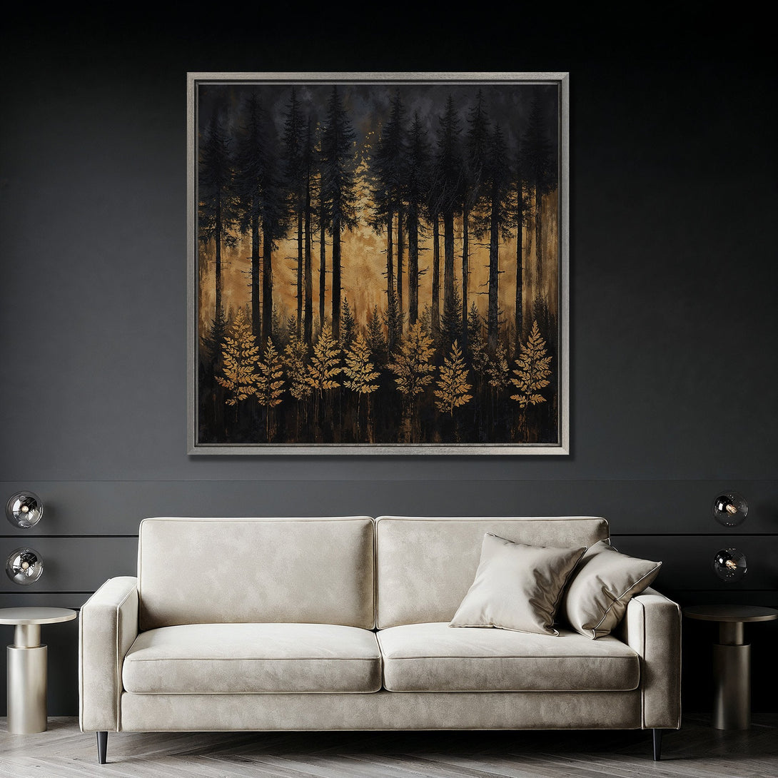 Framed Wall Art: Abstract forest scene in gold and black. Modern Canvas Print adds a touch of nature to any interior. Shop now!