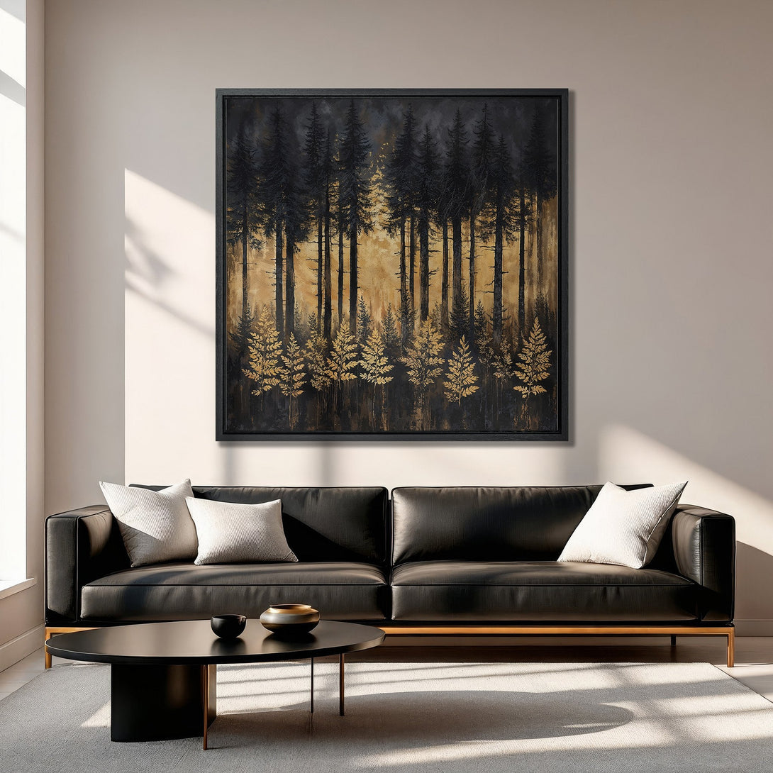 Framed Wall Art Canvas Print featuring a forest scene in black and gold, perfect for modern interior decor.