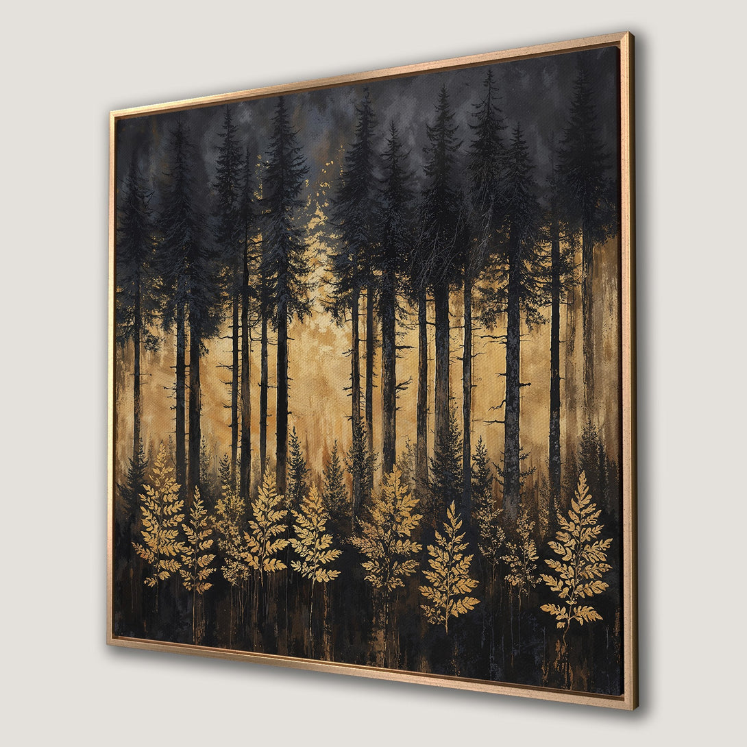 Framed Wall Art: Dark forest scene with gold accents. Elegant canvas print featuring trees in black and gold color palette. Perfect for modern decor.