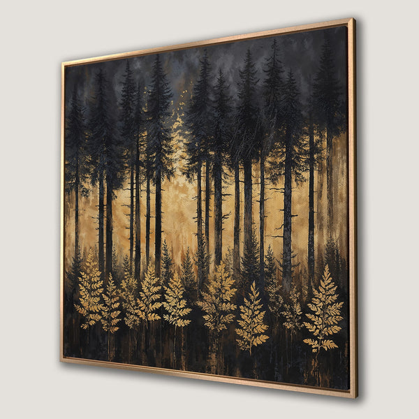 Framed Wall Art: Dark forest scene with gold accents. Elegant canvas print featuring trees in black and gold color palette. Perfect for modern decor.