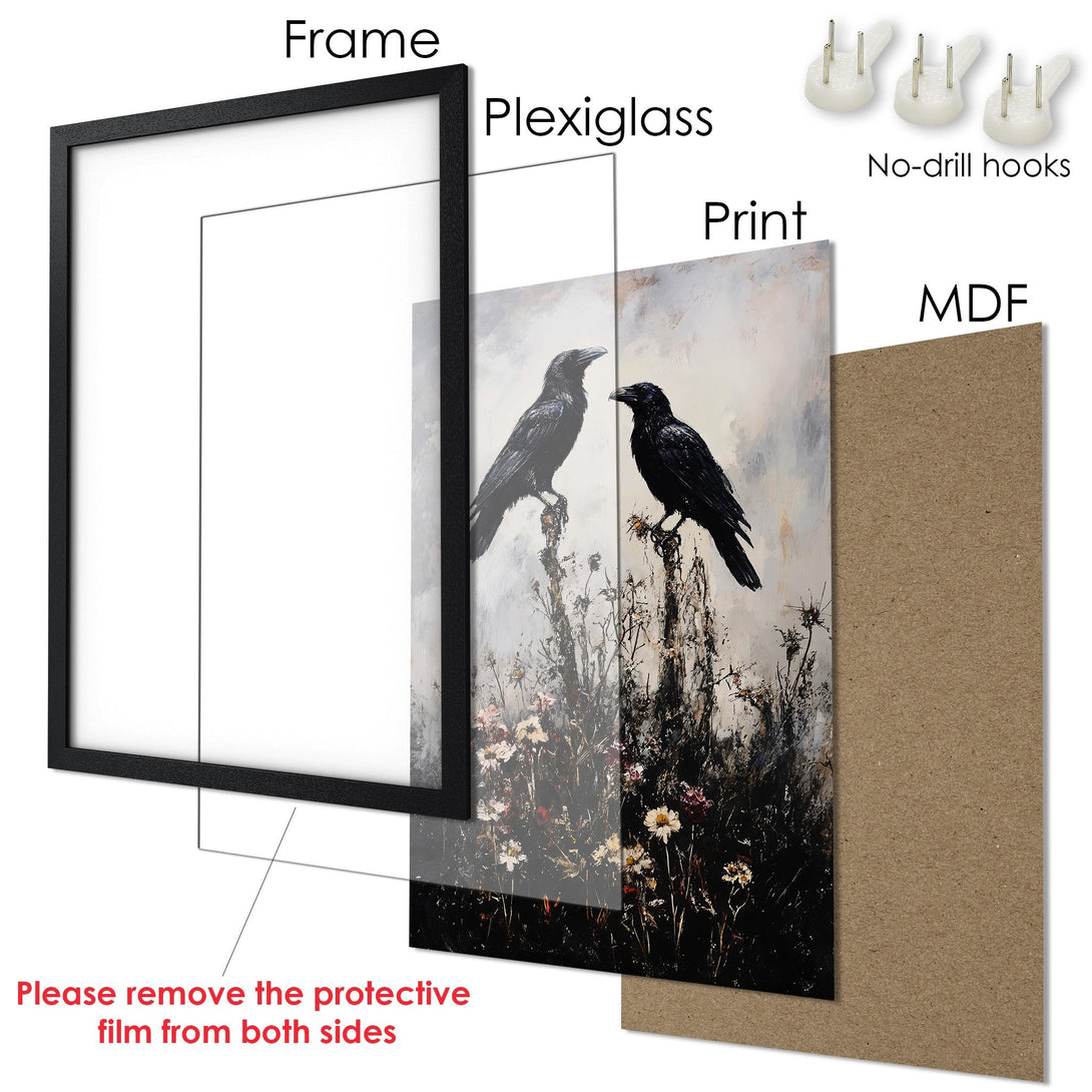 Framed Poster featuring two ravens in a moody, painterly style with a dark, neutral color palette. Perfect wall art for any space!