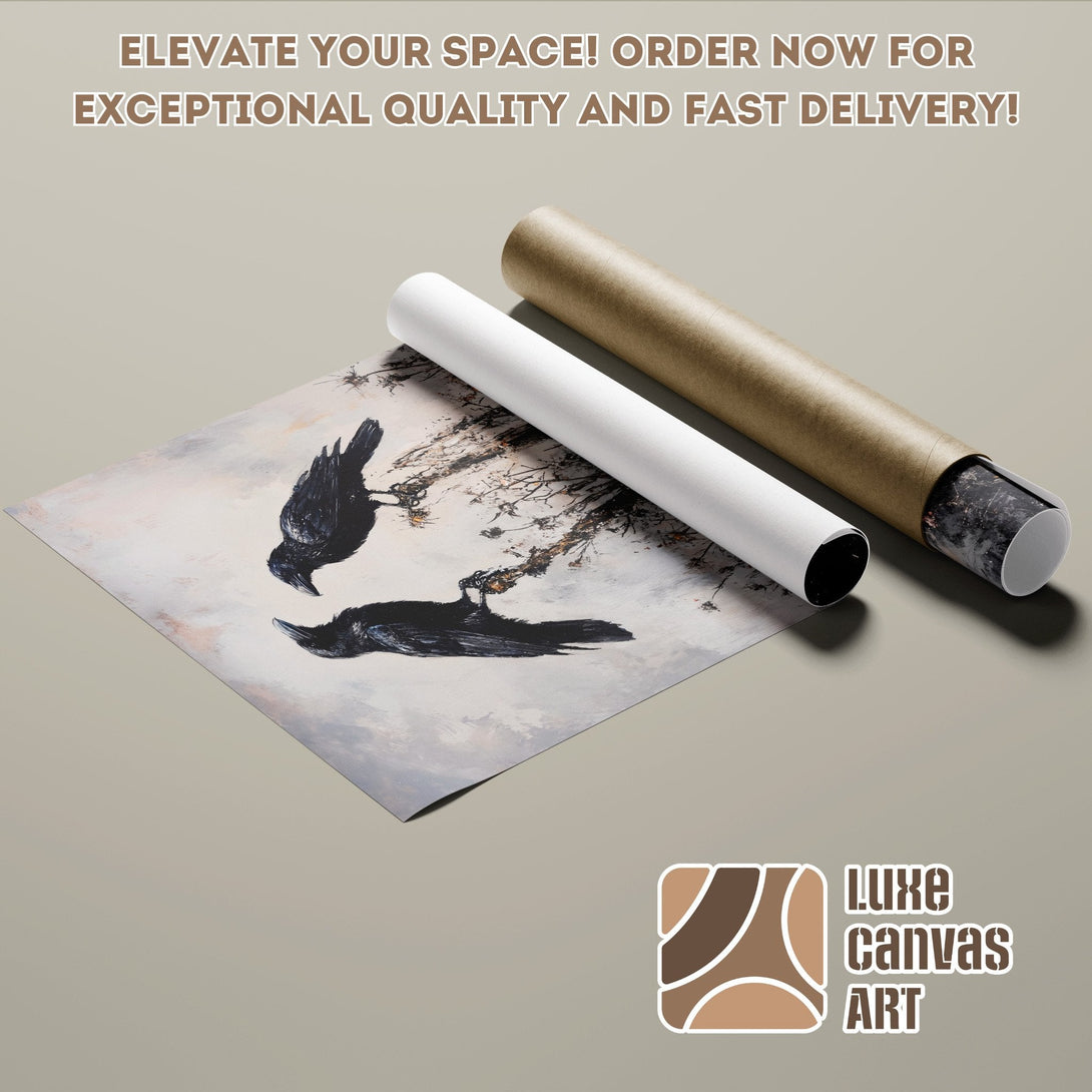 Poster Roll featuring a crow art print in neutral tones. Elevate your space with this stunning artwork!